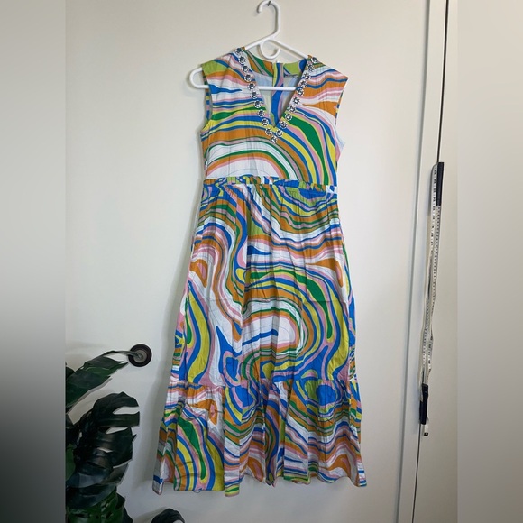 Sheridan French Clare dress In blue marble.Multicolor V-Neck Midi Dress - Picture 2 of 6